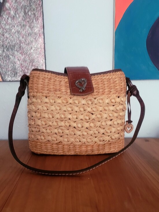 Brighton Handbags - Brighton Vintage Straw Woven Shoulder Bag Brown Croc Leather W/Heart Charm
